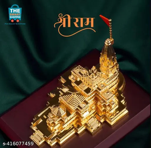 Gold Plated Ram Mandir Car Dashboard Accessory and Idol Statue Showpiece for Home Decor, Office Desk, Pooja Room| Spiritual Figurine & Best Gift for Gifting| 3D Ayodhya Model with Box|