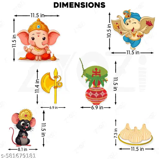 Zyozi® Ganeshh Chaturthi Decorations Items | Ganeshh Pooja Backdrop Decorations CardStock Cutout & Glue Dot | Puja Backdrop Items CardStock - Multicolor (Pack of 7)