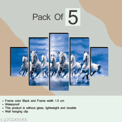 WALLMANTRA Set Of 5  Seven Horse Large   Wall Painting For living Room Home Decor Gift Item ETC.  75 cm x 43 cm
