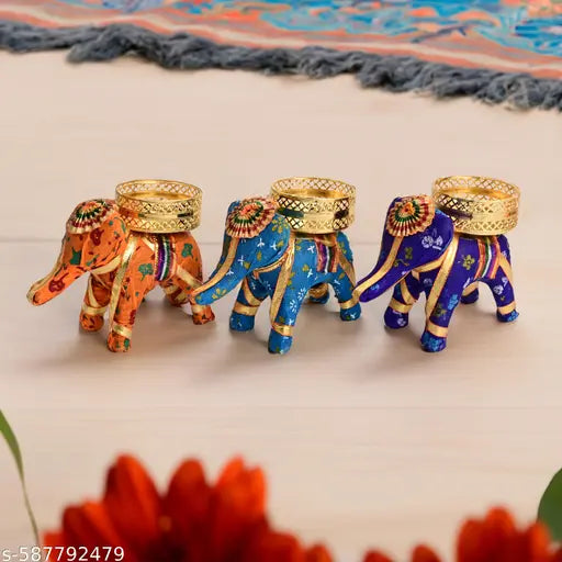 PACK OF 8 Handcrafted Colorful Elephant Tealight Candle Holders – Set of Decorative Rajasthani Tea Light Stands for Home, Diwali & Festive Décor