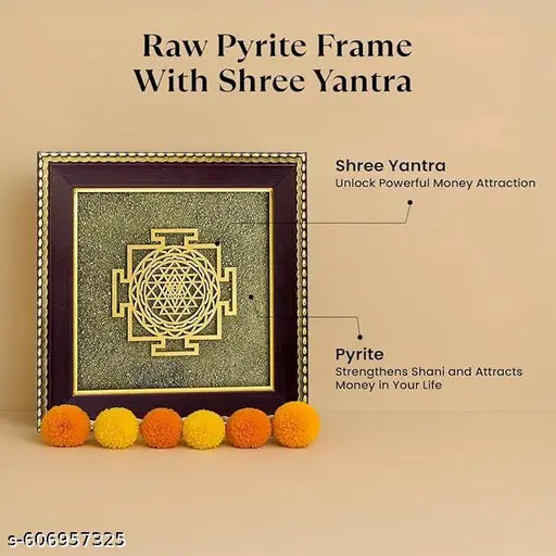 Shree Yantra on Raw Pyrite Frame | Pyrite Attracts Money, Shree Yantra Draws Abundance | Removes Financial Blocks & Boosts Prosperity | Vastu Items for Home & Office | 19x19x1 cm | 1 Piece