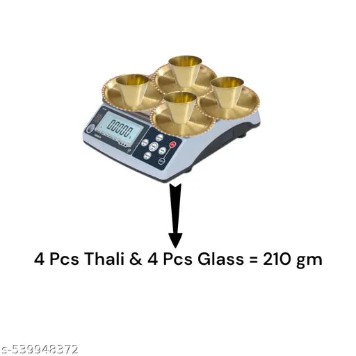 Pure Brass Small Thali With Glass for Puja Room, Shop, Temple - 8 Pcs Set