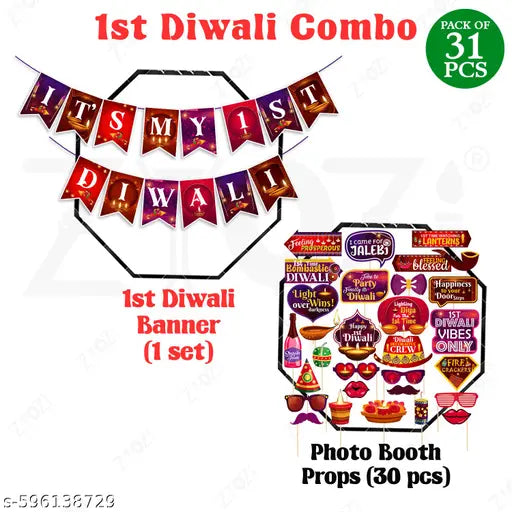 Zyozi® 1st Diwali Party Decorations, First Diwali Backdrop Decoration Kit Paper Banner & Photo Booth Props, Happy Diwali Decorations Kit for Home (Pack Of 31)