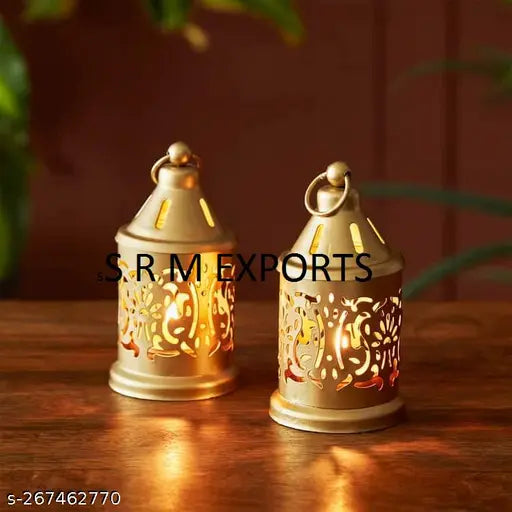 Golden Morrocan Iron Lantern Tealight Candle Holder With Golden Colour for Home Decor, Size – 6x6 Inch, Pack of 2