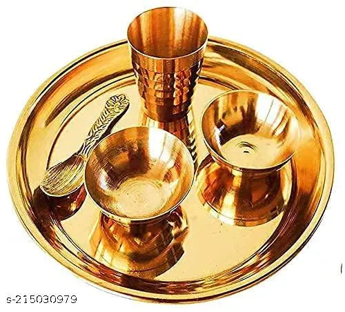 Thali Set with 2 katori,1 Glass,1 Spoon || Pooja Bhog Plate Set of 5 pcs for Temple and Home Decorative Diwali Gift Items, Golden
