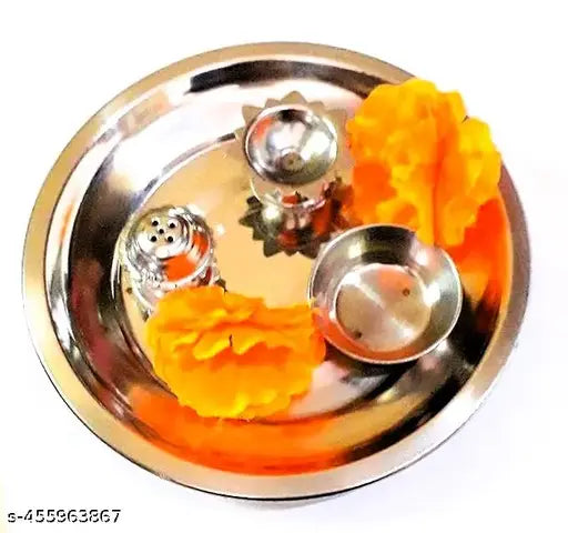 Stainless Steel Aarti Pooja Thali Set | Puja Thali for Aarti for Home Temple Steel Thali