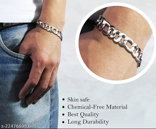 Elegant Chain Silver Bracelet For Boys Silver Plated Stainless Steel Chain Style Silver Bracelet For Men Boys Mens Bracelets 8.5 Inches