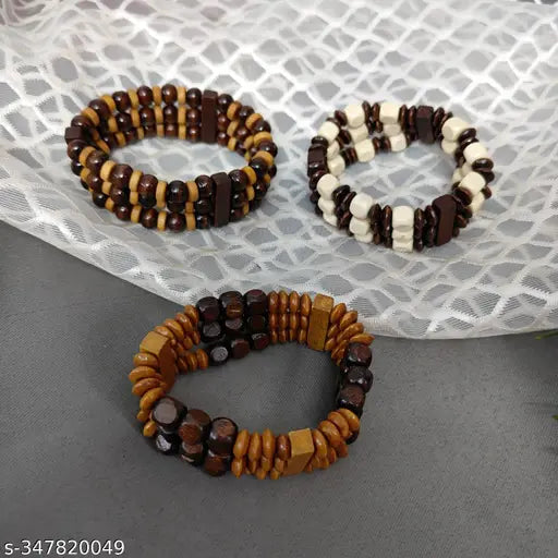 Combo pack of 3 Wooden Beaded Adjustable Stretchable Bracelet for Men and women pack of 3