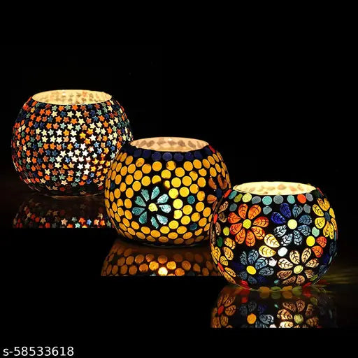 Mosaic Work Glass Candle tealight Holder for Home Decoration of Bedroom guestroom II Candle Light Dinner Decor II Set of 3 II Deepawali Decoration ( Showpiece )