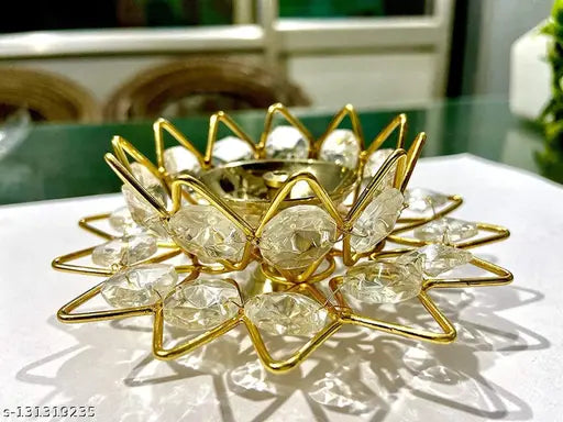 WHITE PAGADI GANESH JI AND GOLD PLATED PALTE AND Brass Akhand Lotus/Kamal Diya | Diamond Crystal Deepak/Dia | Akhand Jyot | Decorative Brass Crystal Oil Lamp| Puja Lamp Round Brass Crystal Akhand Diya | Deepak/Dia | Akhand Jyot | | Decorative Brass Oil La