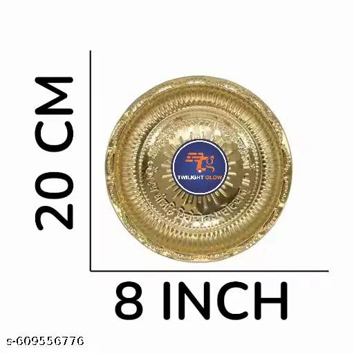 TWILIGHT GLOW Pure Brass Pooja Thali set, Arti Thali Set, 7 items with Om pooja Plate Small Dhoop Stand, Diya (Deepak), ghanti , Kalash lota, spoon, Pooja thali set, Brass Stick Holder bhagwan Puja Thali set, 8inch Om pooja thali set.