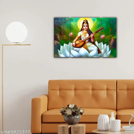 Goddess Saraswati Wall Decor 3 Piece Digital Reprint 12X18 inches