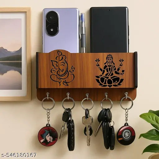 KusumCrafts Beautiful Wooden Key Holder For Wall Home Decor, Mobile Phone Stand With Two Compartments and Side Shelf Wood Key Holder( Pack of 1 )