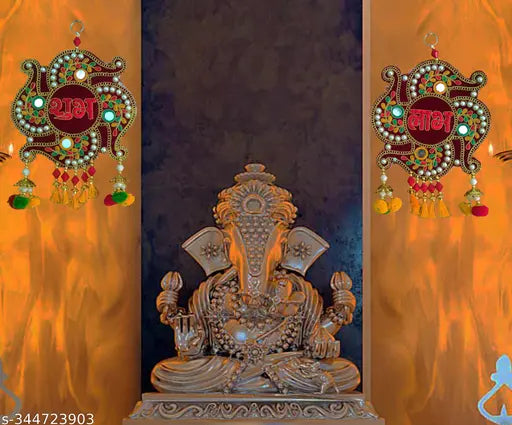 REPTUM DECOR Traditional SUBH LABH WALL HANGING Diwali Decoration Wall Décor HANDICRAFT MULTI COLOR WALL HANGING FOR pooja, Housewarming, Wedding And Engagement, OFFICE, HOME ENTRANCE- SET OF 2