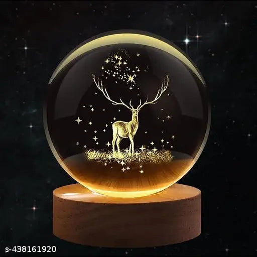 GEETA TRADERS  3D Crystal Ball Night Lamp, Led Glass Ball Light with Wooden Base, Decorative Night Light for Home, Office, Bithday Gift for Adults, Boys, Girls (Pack of 1) (Deer Lamp)1