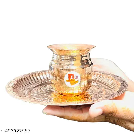ELITETOUCH Brass Pooja Plate Thali with copper kalash lota  (Gold , copper ) 6inch om plate fir pooja samagri Small Kalash for Puja