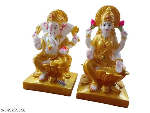 Marble Dust Laxmi Ganesh Statue For Home Decor 7 inch ( Gold )
