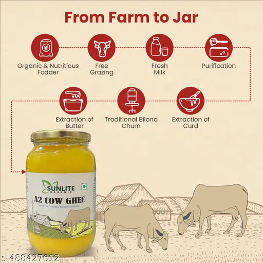 Sunlite Organic A2 Desi Cow Ghee – 1000g Pure & Natural | Traditional Bilona Method | NON - GMO Certified