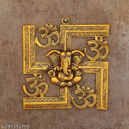 Swastick 4 om Metal Wall Hanging Om Swastik Ganesha Decorative Showpiece - 22.6 cm  (Metal, Gold) Home decoration,Temple decoration, Wall decoration,Door Decoration,Gift item,Office decoration,