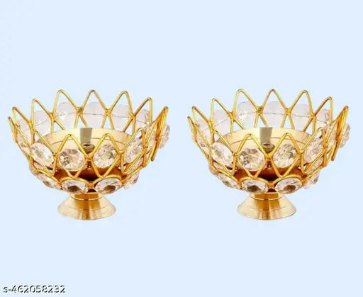 A&S VENTURES Set of 2 Golden Lotus Flower Shape Crystal Brass Diyas For Diwali Pooja - Diwali Diya for Puja - Housewarming | Ganesh Chaturthi | Diwali Gift Items - Diwali Decoration Item For Home Decor