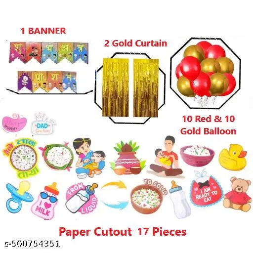 Annaprasanam Photo Booth Props with Annaprasanam Paper Bunting Paper Banner Hindi Font Shubh Annaprashan/Rice Ceremony Decorations Items/Rice Ceremony Props (Pack of 41)
