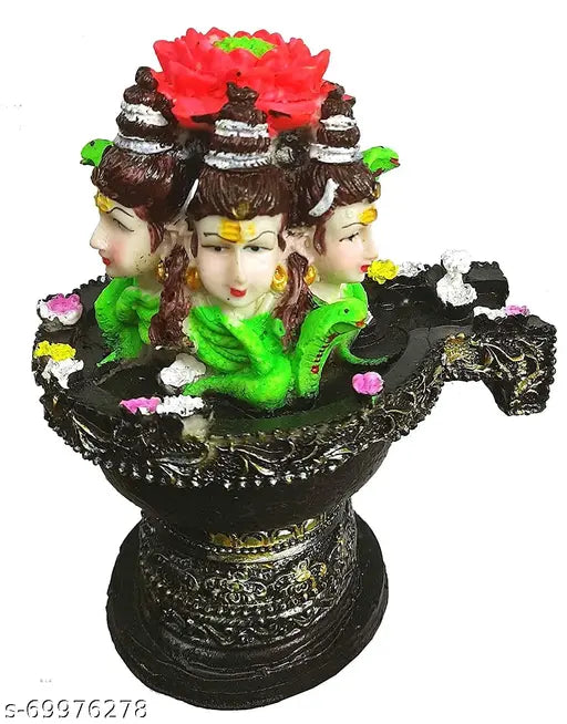 Polyresin Shiva Shivling Statue Three Face Shiv Lingam Idol Home Decor Pooja Items with Bholenath Nag Devta Gift Puja 8 Inches (Milticolor)