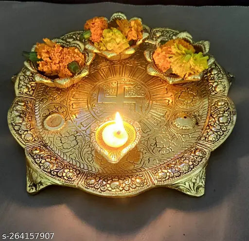 Puja thali big with 4 diya metal for puja and worship and Temple decoration Showpiece item, Home decoration, Room decoration, Temple decoration, Office decoration Gift item,