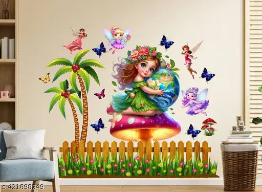 DivineDesigns Earth Girl on Mushroom Flowers Butterflies Angels Tree Wall Sticker
