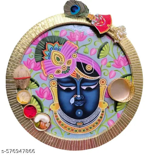 Trendy Shrinath Ji MDF Puja Thali Combo with Roli Chawal Dry Fruits Nariyal & Free Khatu Shyam Ji Brooch | Designer Pooja Plate for Janmashtami Raksha Bandhan Festival | Decorative Puja Thali Under 349