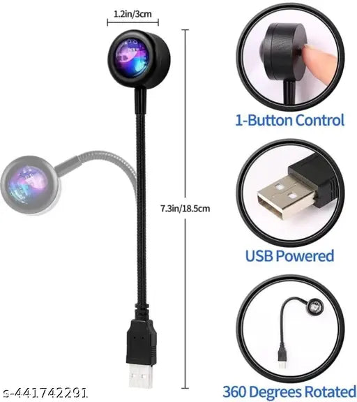360 Degree Rotatable 7 Color 13 Functional Modes with Pattern Changing Button USB Sunset Projection Lamp USB Night Light for Cars, Bedroom, Parties, Videos, Insta Reels and More Night Lamp (18 cm, Black)