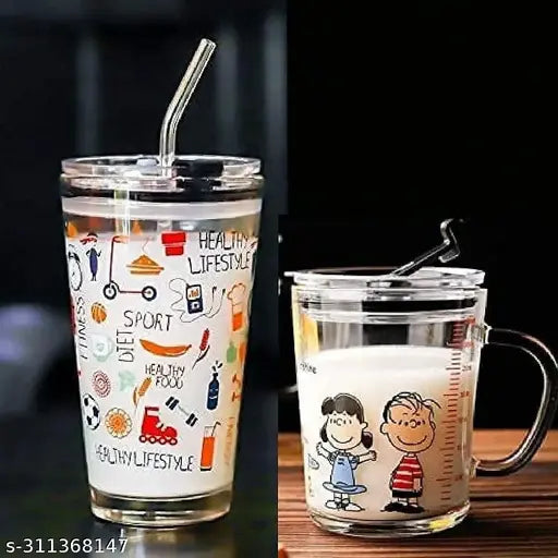 NIYA TRENDZ  Random Design Cartoon Glass Milk Fruit Juice Cup for Kids 400ml and Glass Sipper Tumbler with Lid and Straw 470 ML