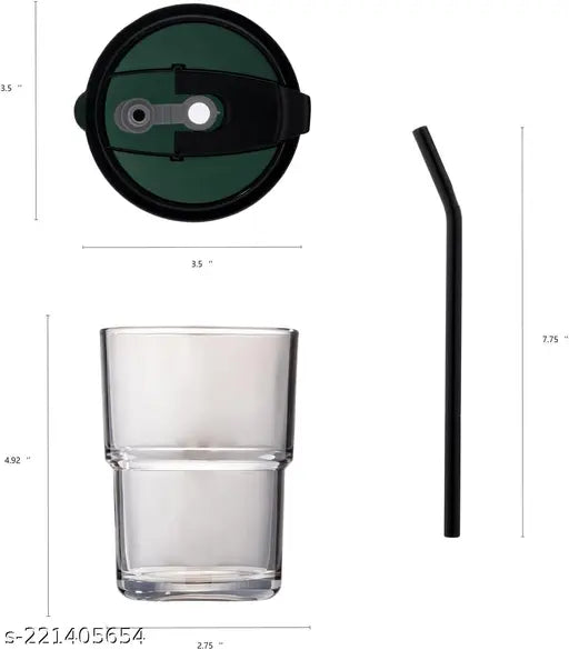 Black Borosilicate 400ml Tumbler with Straw and Leather Sleeve Glass Coffee Mug for Hot and Cold Beverages Office and Travel Mug Use For milk product, coffee, bubble tea, Cold Beverages.