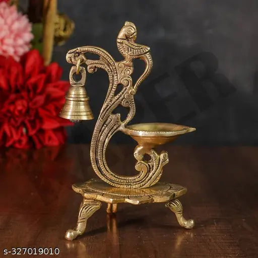 KAPER Brass Diya for Pooja Peacock Oil Lamp With Bell Diwali & Festive Decorations Puja Articles and Gift (5.1"x3"x8")