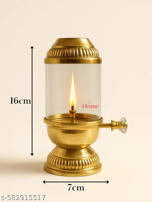 Pure Brass Akhand Diya with Borosilicate Glass & Adjustable Bati Knob || Traditional Oil Lamp for Spiritual Use in Mandir, Home Puja, Diwali, Navratri