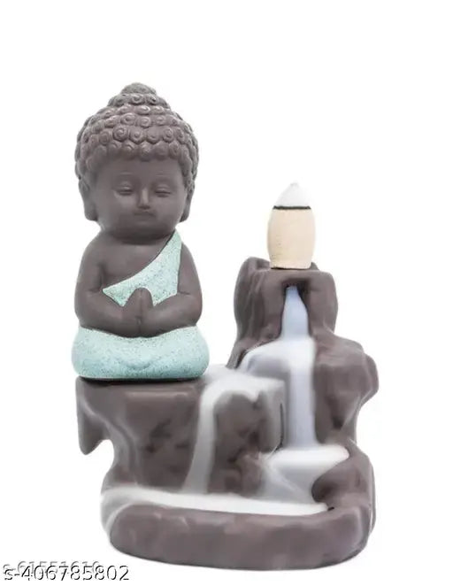 DEAL24SEVEN BLUE Buddha JI Murti Fountain Smoke Backflow Cone Incense Holder (12cm Height, Red & BROWN) with 21 Free Smoke Cones, Decorative Showpiece for Home, Temple, Office, Car Dashboard, Pooja & Home Decoration