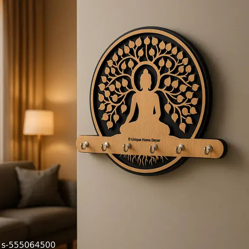 Wall Mounted Key Holder with  Stainless Hooks | Wooden "HOME" Design Key Organizer