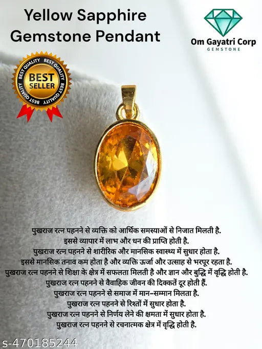 7.25 Ratti Pukhraj Stone Original Certified Yellow Sapphire Gemstone Gold Plated Adjustable Woman Man Pendant With Lab Certificate