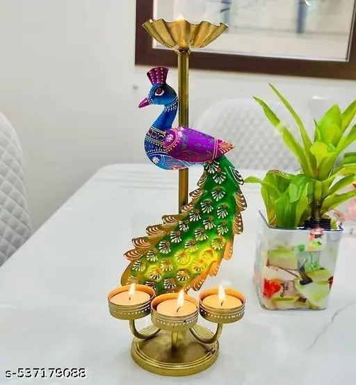 Handicraft Peacock T light Handcrafted Metal Peacock Candle Holder – Decorative Tealight Stand with Colorful Design | Indian Art Decor | Hand-Painted Peacock Sculpture | Vibrant Candle Stand | Ethnic Table Decor | Rustic Home Decoration | Traditional Indi