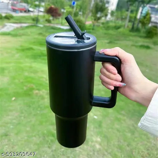 1200ML Stainless Steel Tumbler Hot and Cold with Handle and Lid 1 Straw Double Insulated Cup 100% Leak Proof Mug Cup Holder for Gym Travelling (4Gen Black)