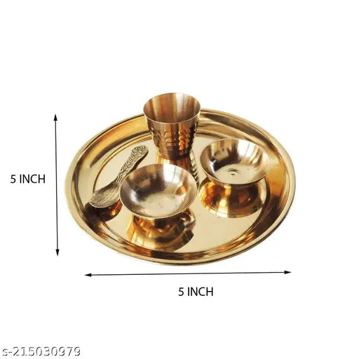 Thali Set with 2 katori,1 Glass,1 Spoon || Pooja Bhog Plate Set of 5 pcs for Temple and Home Decorative Diwali Gift Items, Golden