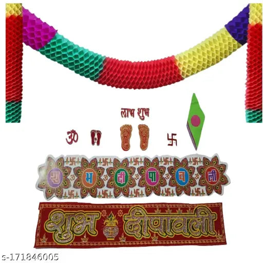 IMTION ® Diwali Combo 8 in 1 ( Diwali Decoration material Subh Labh,laxmi Charan,Om, Swastika,Wall/Door Hanging Shubh Dipawali Sticker,paper Jhalar
