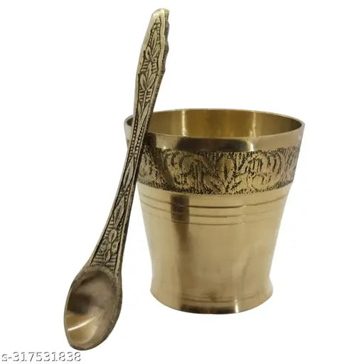 Puri Crafts Brass Pancha patra set,naksha glass with Plane  Flower Deising spoon use by pooja propose.