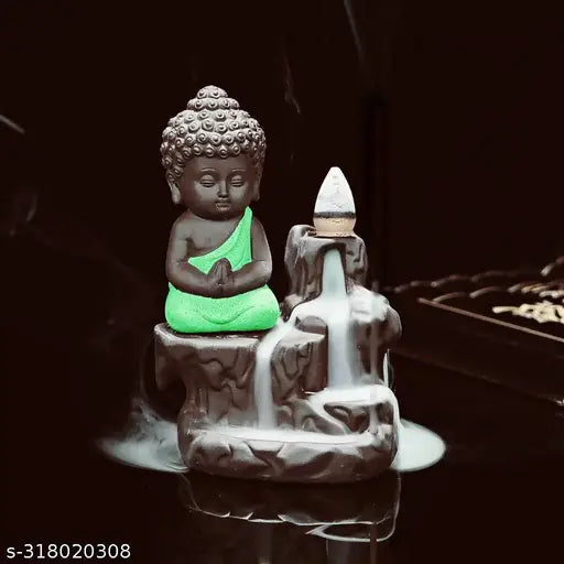 Green budha smoke fountain incense burner Meditating Monk Buddha Smoke Backflow Fountain Cone Incense Holder Decorative Showpiece with Free 15 Smoke Backflow Scented Cone Incense ( Green)