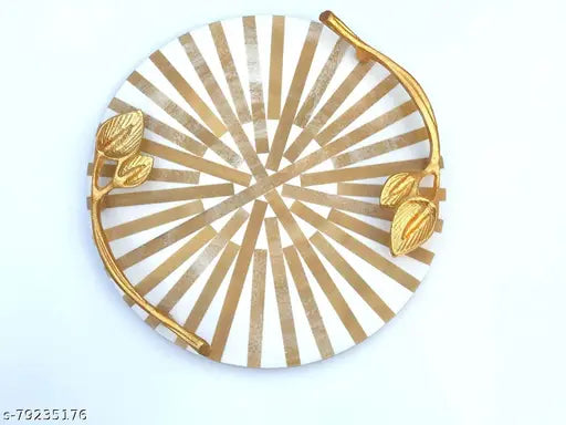 DULI Inlay Work Round Multipurpose Platter/Tray in MDF with Metal Golden Handles| Serving Tray for Home & Dining Table | Multipurpose Tray | Table Top Tray for Fruits (BrownWhiteLines)