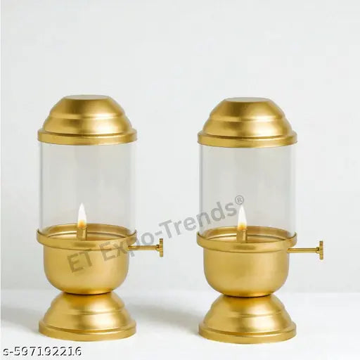 Iron Akhand Diya with Adjustable Batti,with Screw Lever for Puja,Akhand Jyot Diya with Wick Lifting Screw Lever,Iron Diyas for Brass Traditional Pooja,Akhanda Jyothi Deepam,Glass cover15.5CM(Pack of 2)