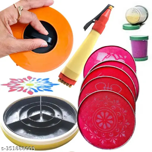 Artonezt Magic Rangoli Stamp + 5 Stencils + 2 Fillers +1 Rangoli Pen for Navratri Pongal Pooja Mandir Diwali Floor Decoration