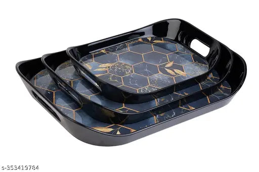 Premium Serving Tray Set of 3 Honeycomb Design Plastic metrial Glossy Finish BPA Free Trays for Kitchen and Office (Black,Set of 3) [ FREE VEG. KNIFE ]