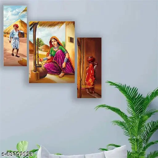 Set of 3 Rajasthani /Wall Painting For Living Room UV Textured Home Decorated Gift Item 6 MM MDF Painting 12 Inch x 18 Inch