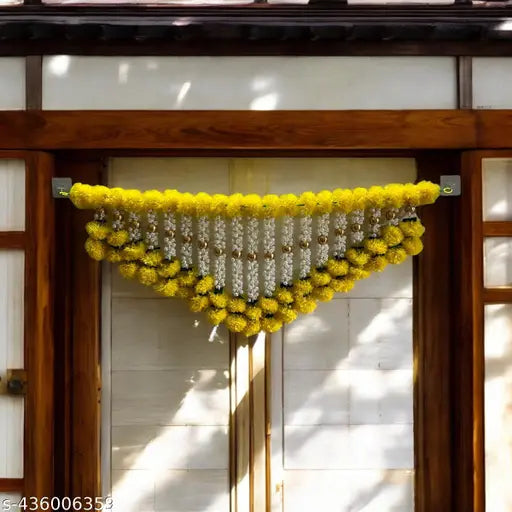 Festive Home Decor Artificial Marigold & Jasmine Flower Toran with Golden Bead Detailing door hanging bandharwal mala wedding festival party deco 1pcs