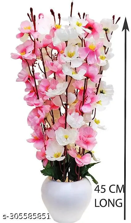 Artificial Flowers for Decoration with Pot, Home Decor, Office Decor, Cherry Blossom Combo, Light Pink White, 1Piece